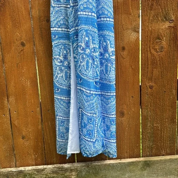 Vineyard Vines Sand Dollar Scarf Print Maxi Dress White Blue Womens 12 Side Slit - Picture 10 of 10